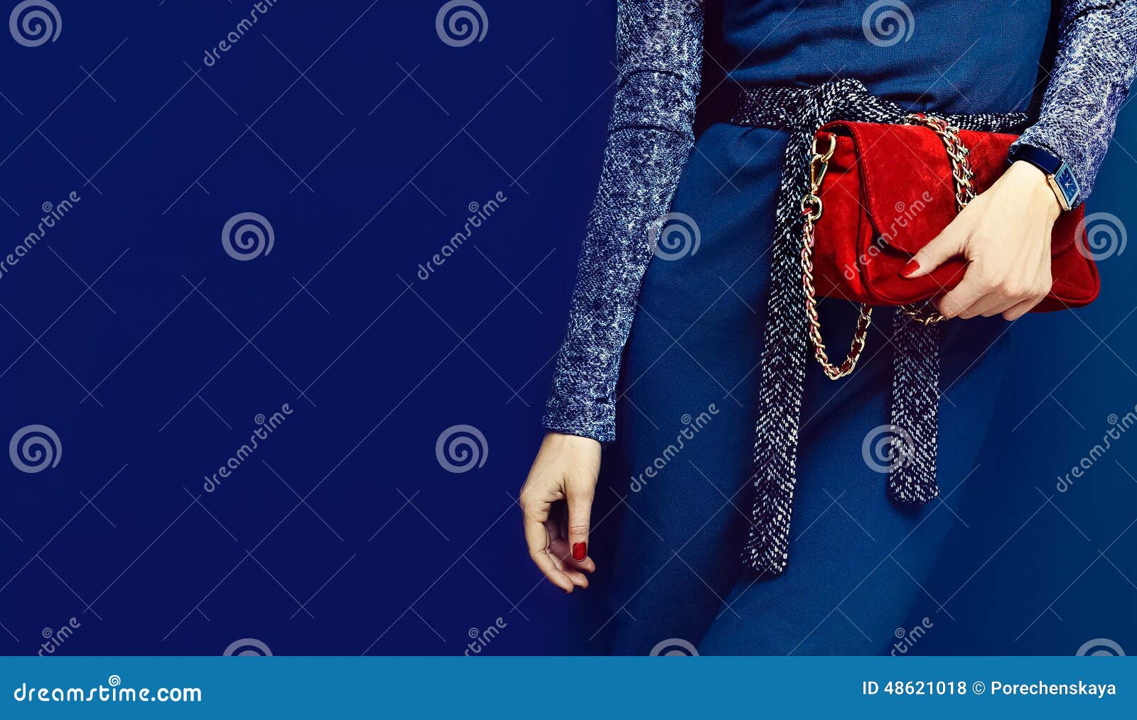 portrait glamorous lady. fashion accessories. watches and red cl