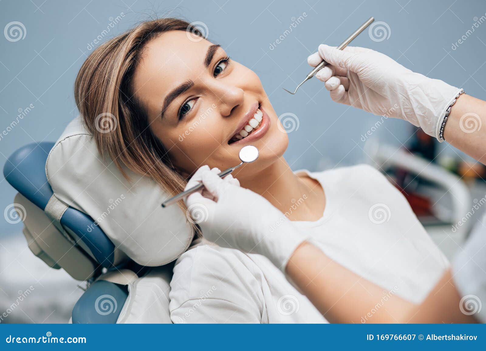 portrait good looking woman dental examination portrait young smiling blond good looking women dental examination 169766607