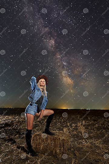 Gorgeous Cowgirl Under Milky Way Stock Image Image Of Darkness