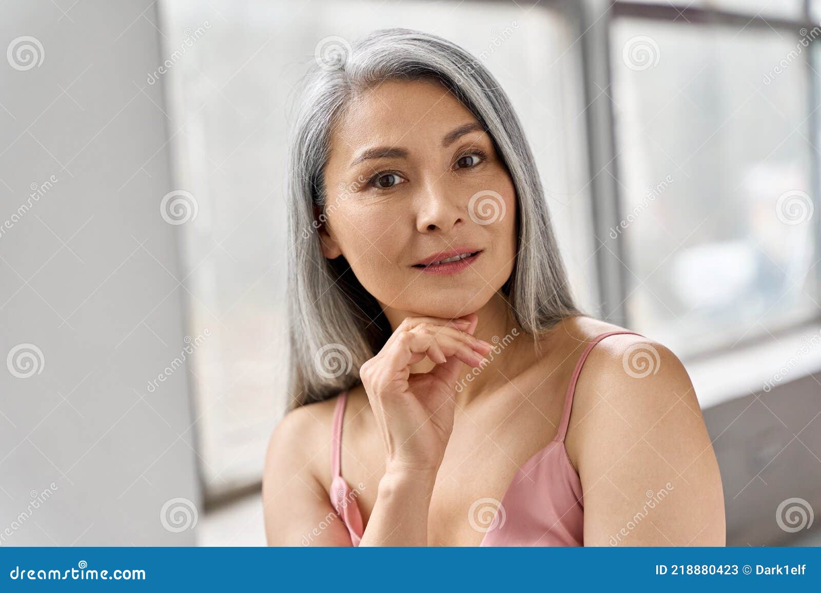 Senior Happy Middle Aged Mature Asian Woman Headshot Portrait Skin Care Advertising Stock