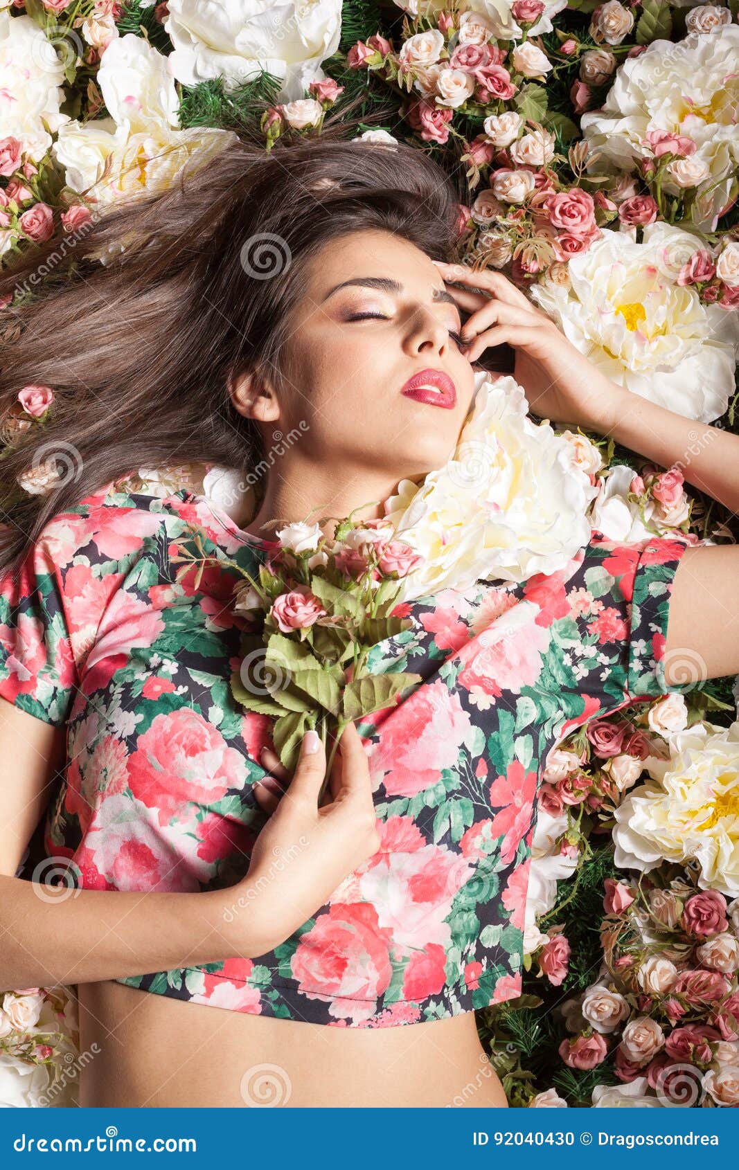 Beautiful Girl Flowers Lying On Tracks Stock Photo 