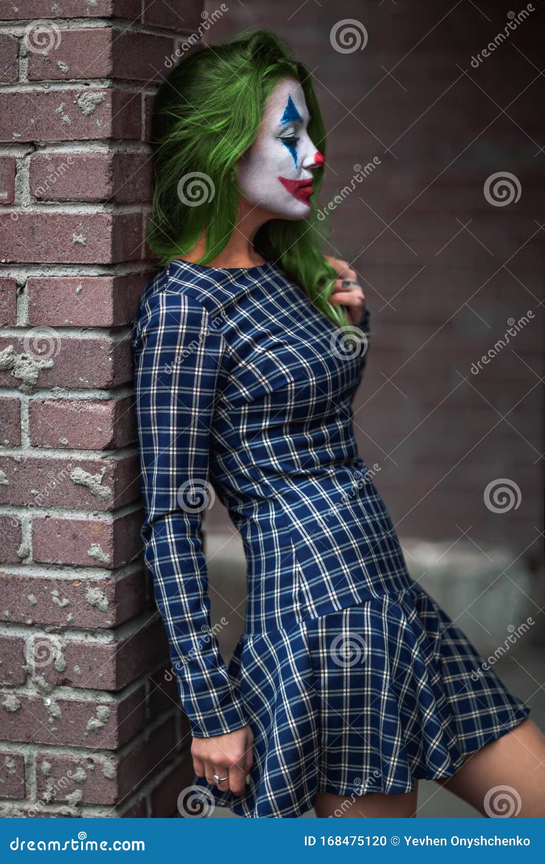 Portrait of a Greenhaired Girl in Chekered Dress with Joker Makeup ...