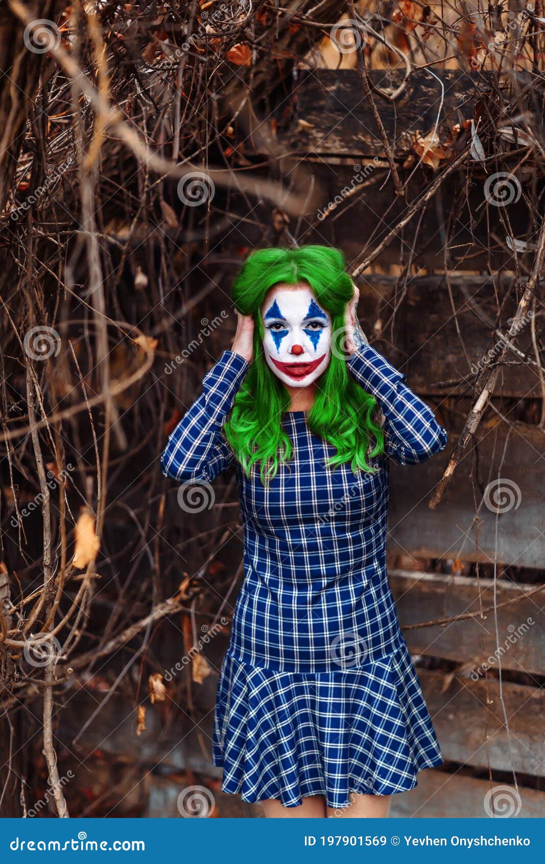 Portrait of a Greenhaired Girl in Chekered Dress with Joker Makeup ...