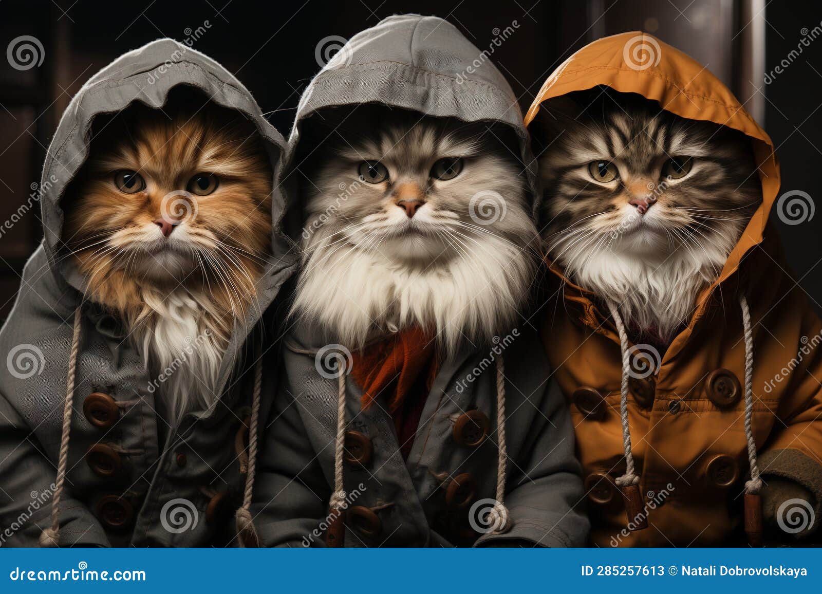 Portrait of Group of Fluffy Cats in Jackets with Hood Stock ...