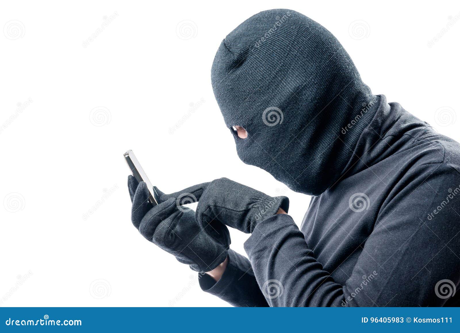 Portrait Of A Hacker With A Stolen Mobile Phone On A White Stock Image