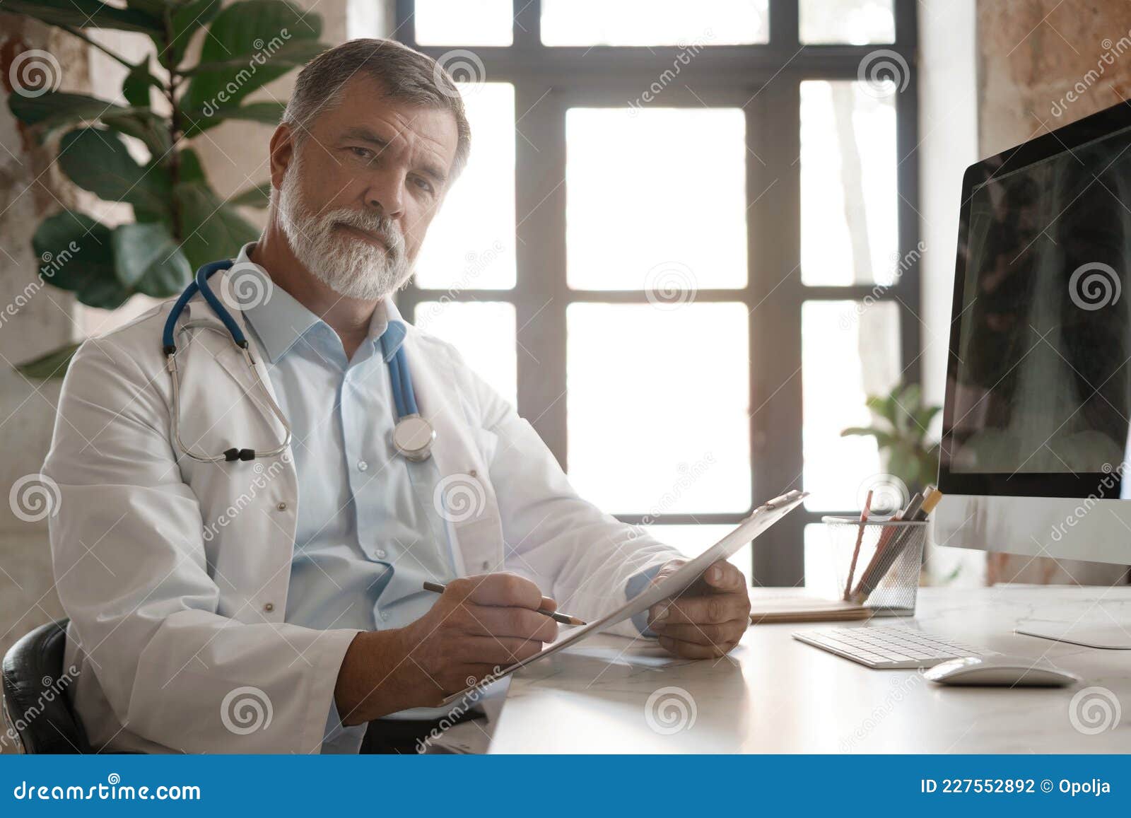 Portrait of Handsome Doctor Sitting at Desk, Taking Notes or Fills in ...