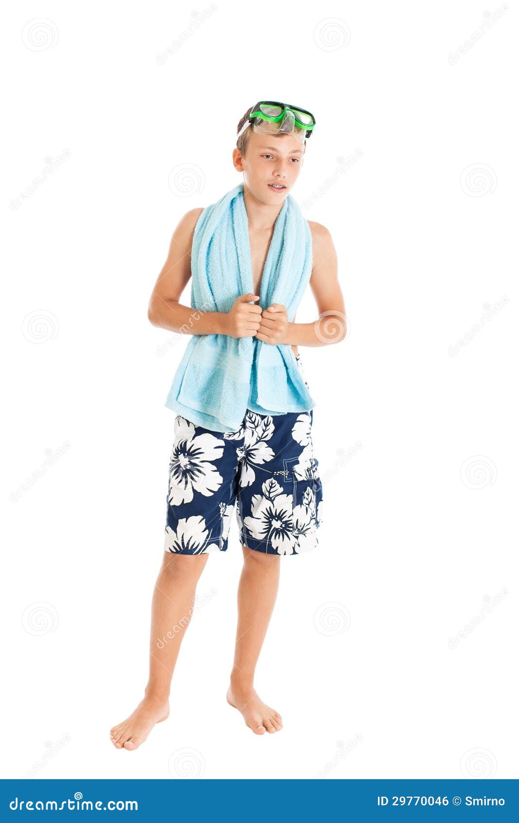 Cute European Teen Boy Swimming Shorts Stock Photo 