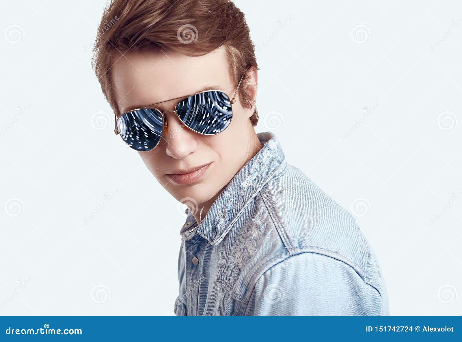 Handsome Hipster Man In Fashion Sunglasses Wearing Jeans Jacket Stock ...