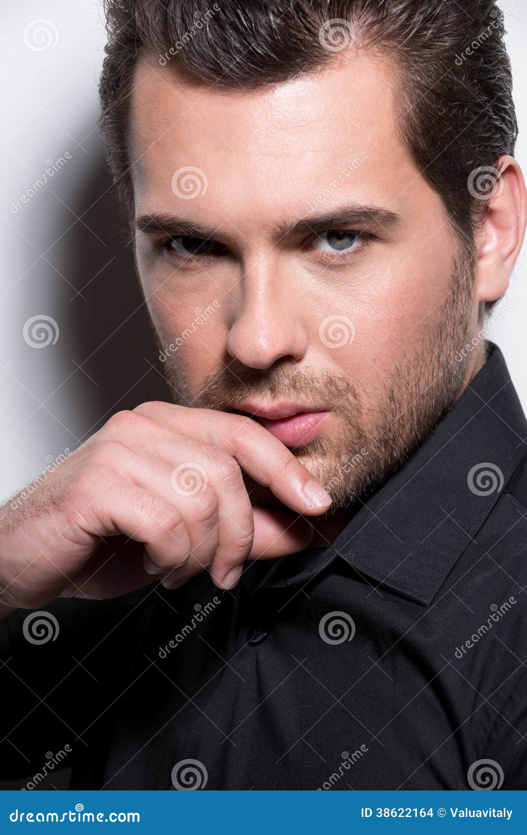 Portrait of Handsome Man in Black Shirt. Stock Photo - Image of ...