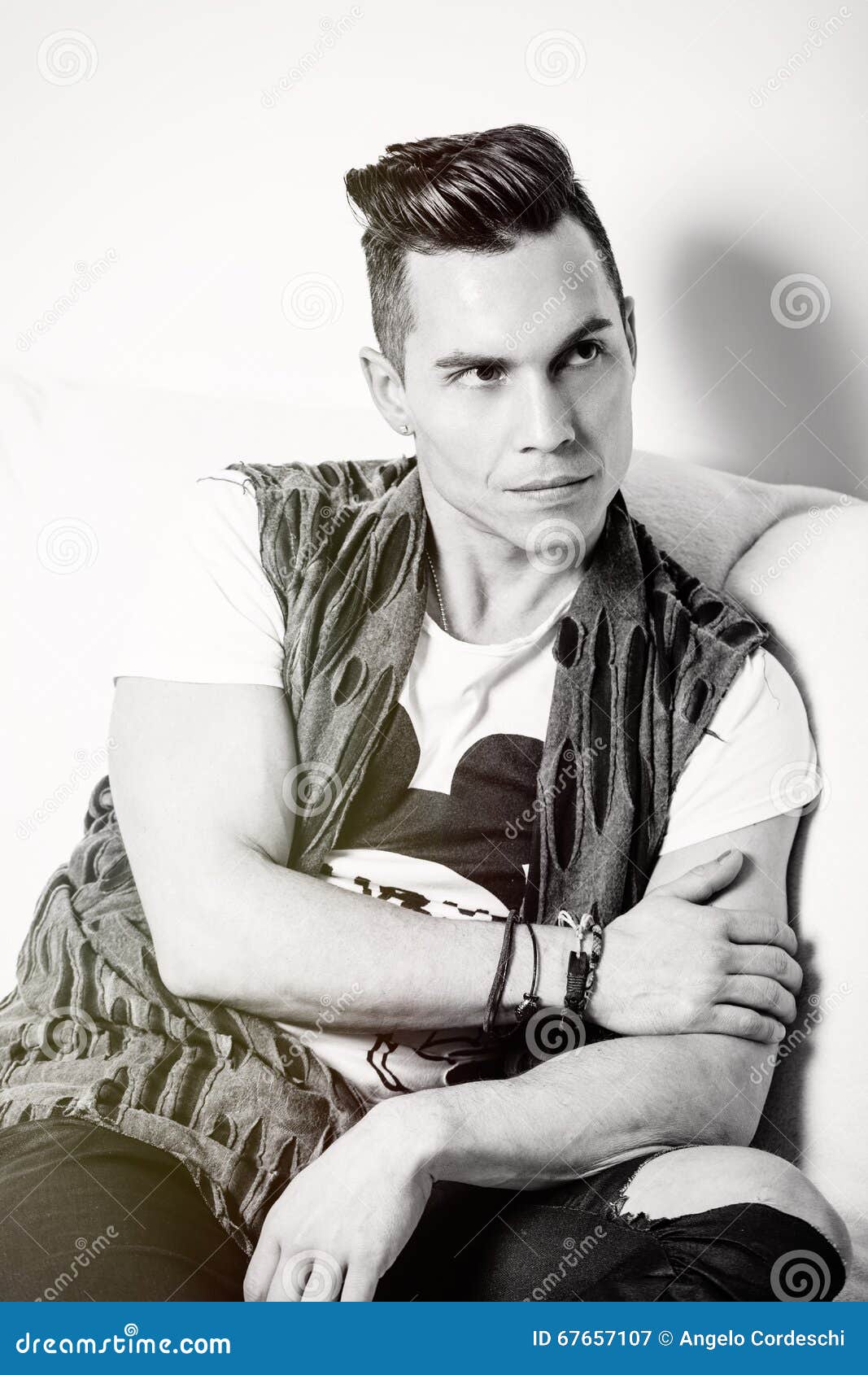 Portrait Handsome Man, Stylish Hair Cut. Black and White Stock Image - Image of cool, arms: 67657107 Portrait Handsome Man, Stylish Hair Cut. Black and White Stock Image - Image of cool, arms: 67657107