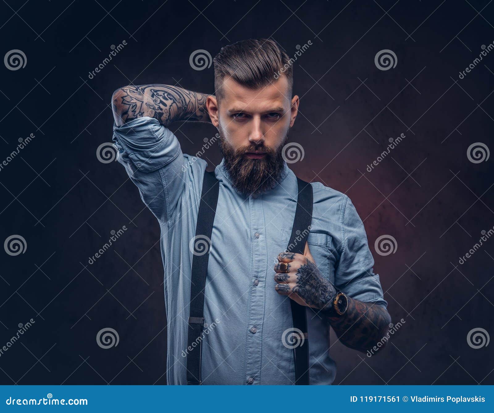 Portrait of a Handsome Old-fashioned Hipster in a Blue Shirt and ...