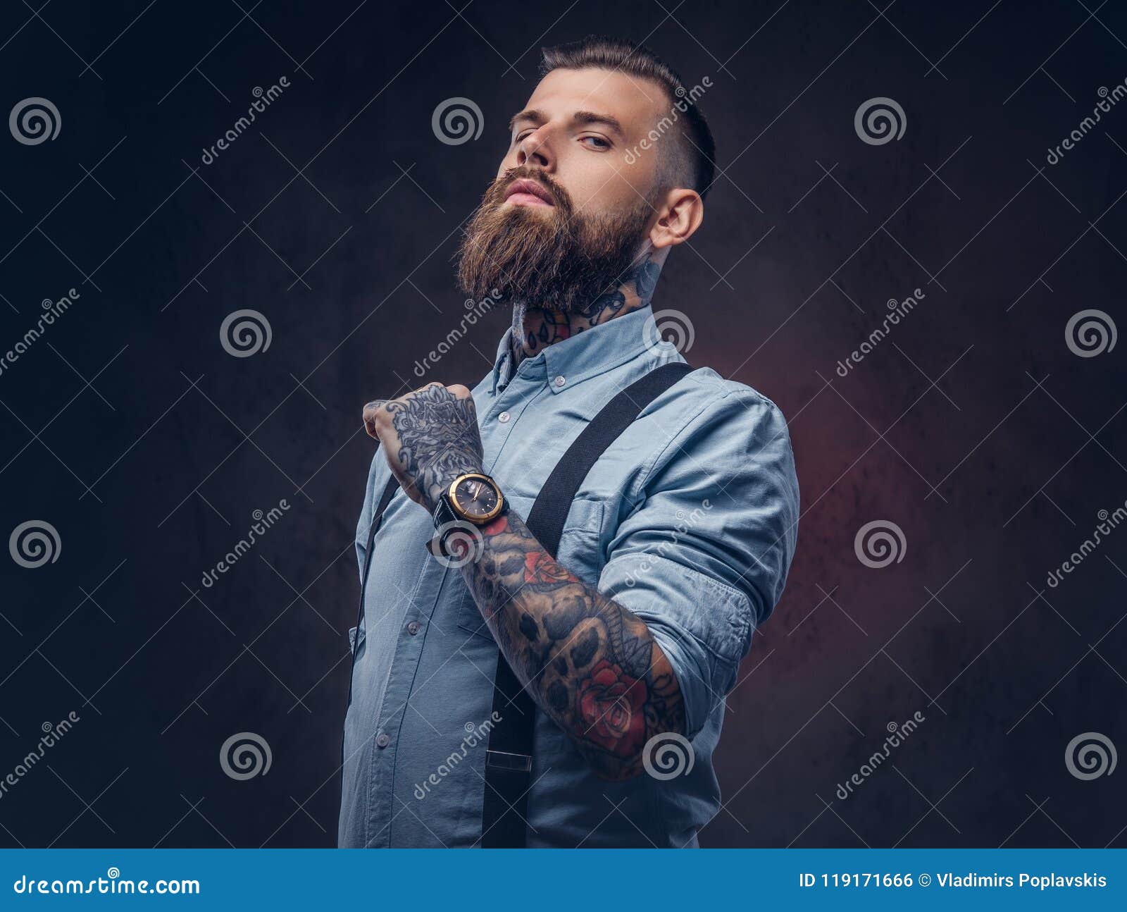 Portrait of a Handsome Old-fashioned Hipster in a Blue Shirt and ...