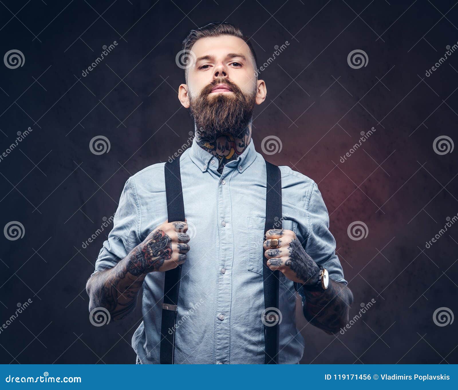 Portrait of a Handsome Old-fashioned Hipster in a Blue Shirt and ...