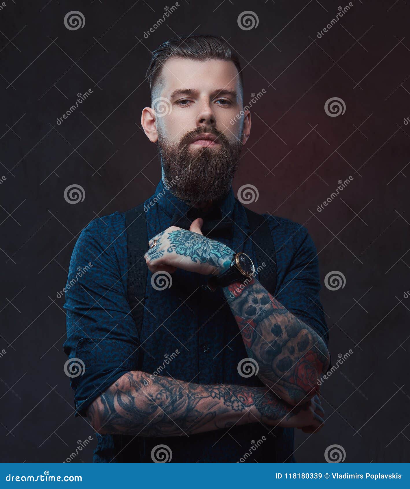 Portrait of a Handsome Old-fashioned Hipster in a Blue Shirt and ...