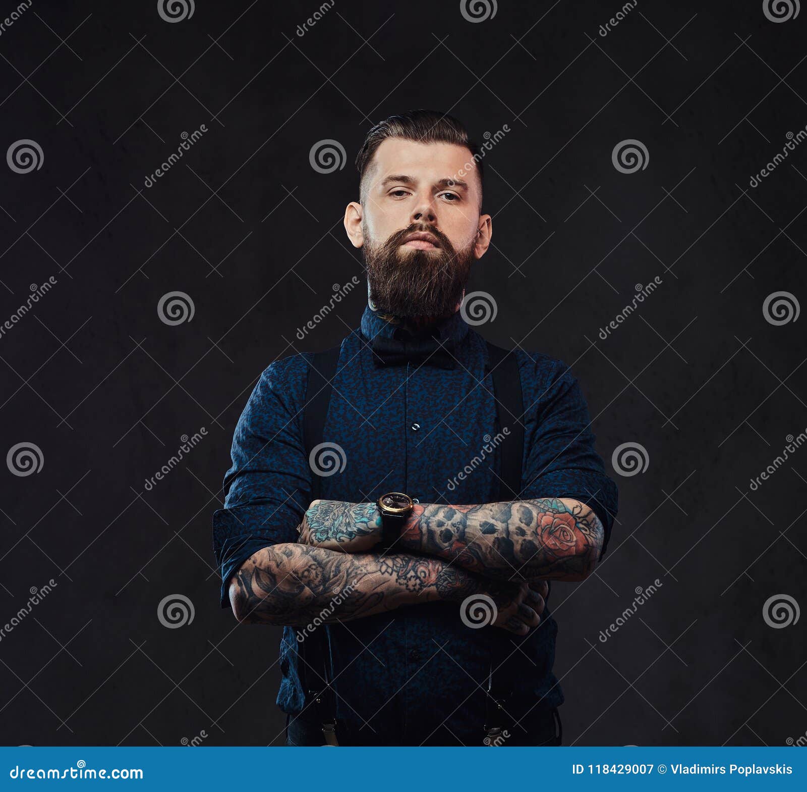 Portrait of a Handsome Old-fashioned Hipster in a Blue Shirt and ...