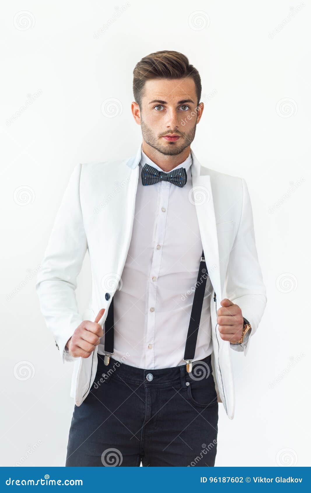 Portrait of Handsome Stylish Man in White Elegant Suit Stock Photo ...