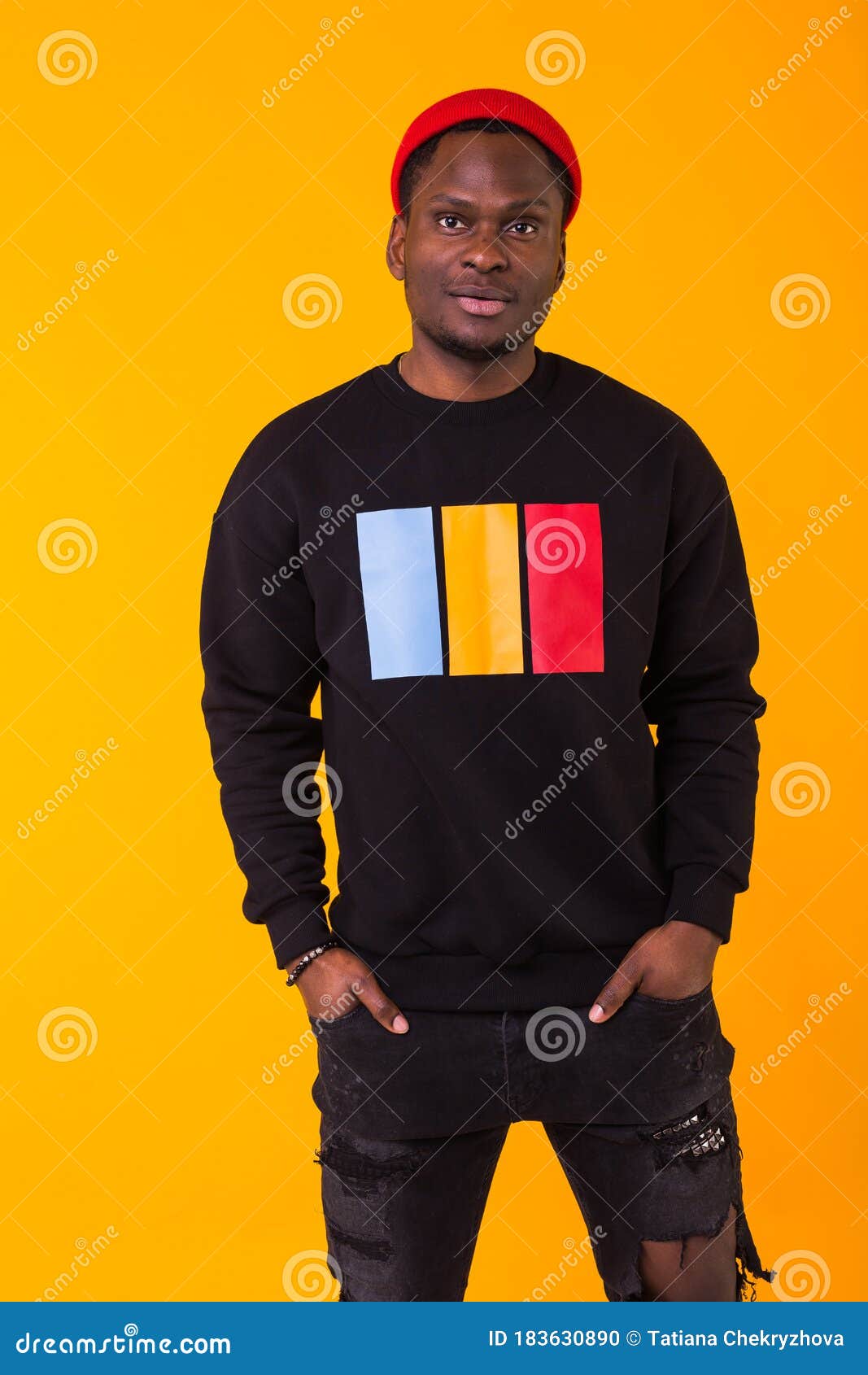 Portrait Handsome Young Black Man Dressed In Jeans And Sweatshirt On ...