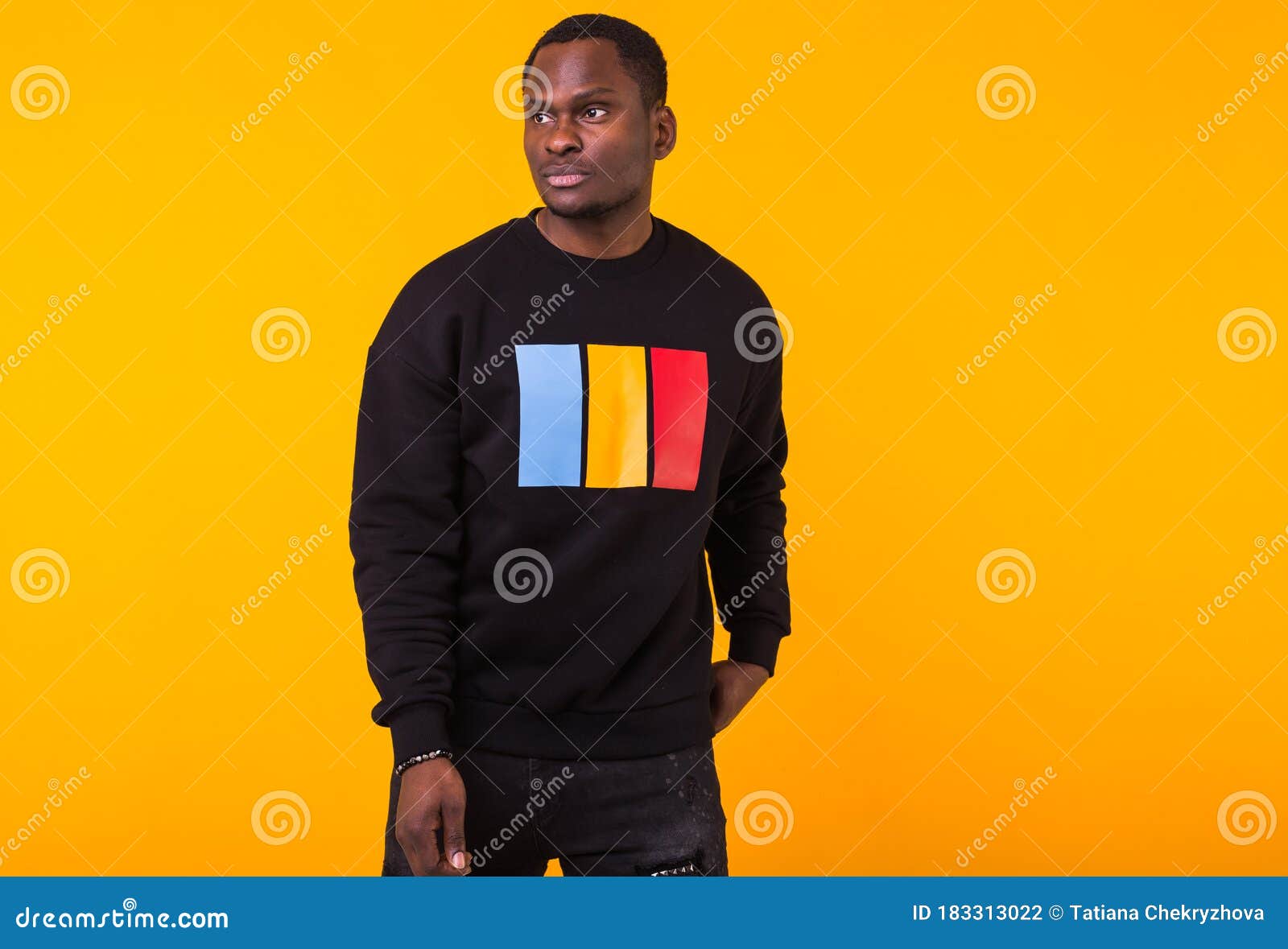 Portrait Handsome Young Black Man Dressed In Jeans And Sweatshirt On ...