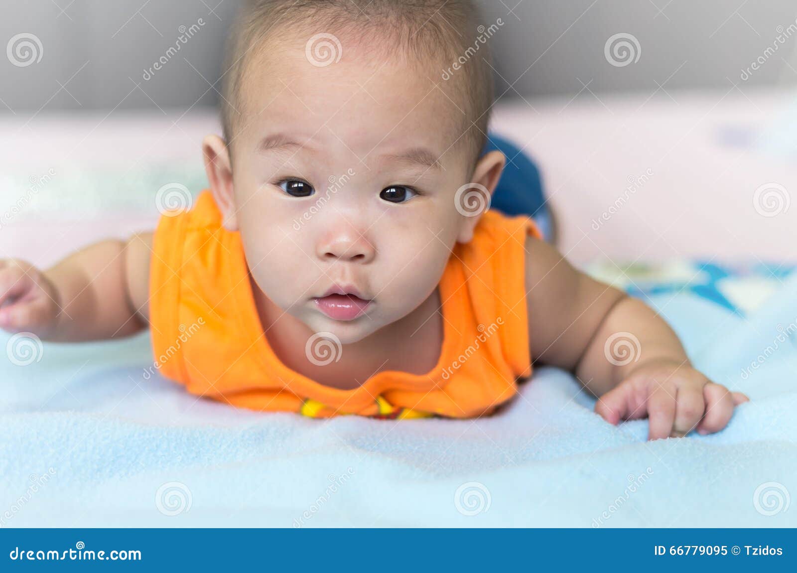 Portrait of Happy Asian Baby on the Bed Stock Image Image of floor