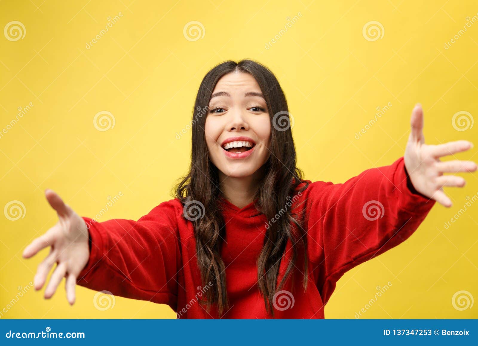 Portrait Happy Asian Girl Is Surprised She Is Excitedyellow Background 