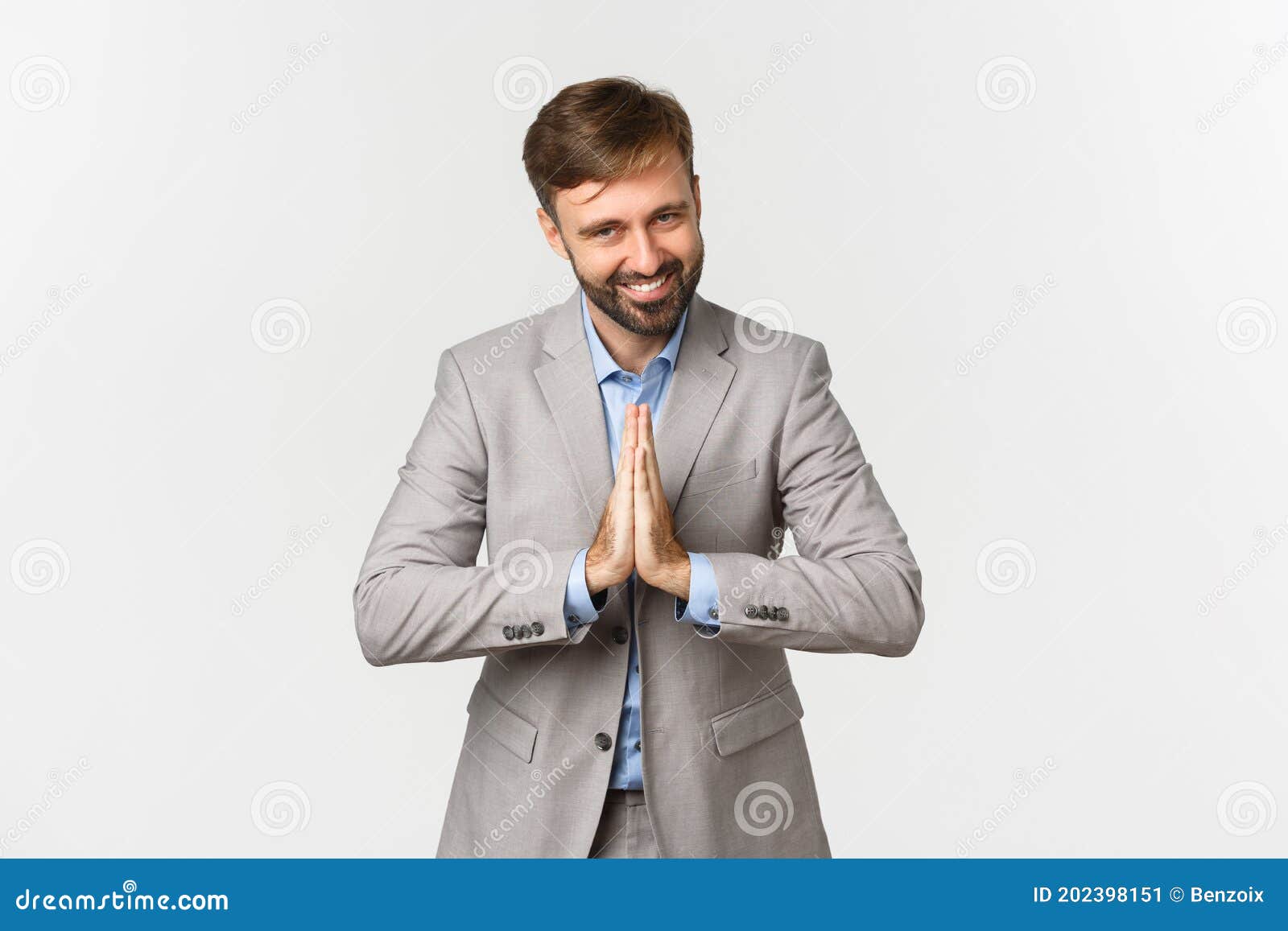 Portrait of Happy Bearded Businessman in Grey Suit, Thanking for ...