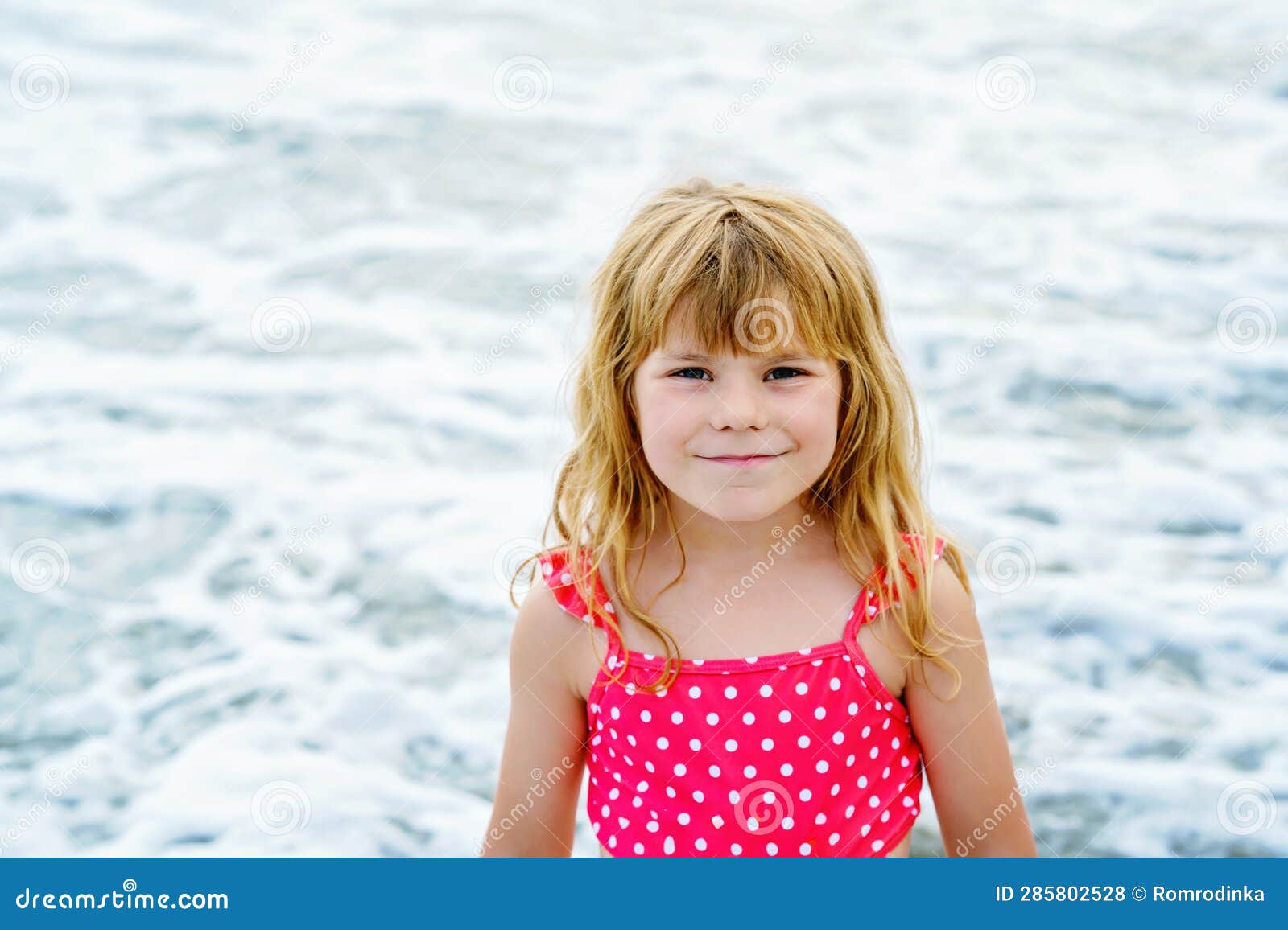 Portrait of Happy Child, Little Preschool Girl in Swimmsuit Running and ...