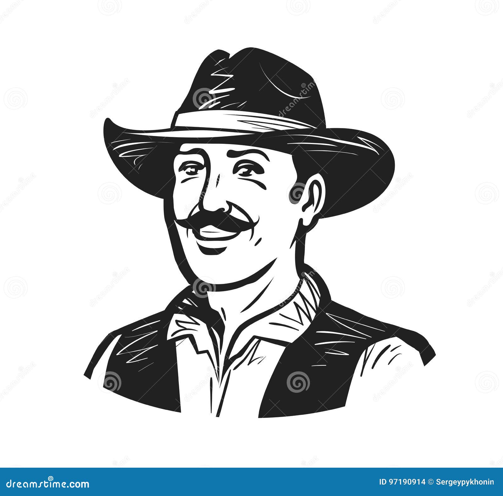 portrait of happy cowboy or farmer. grower, winemaker, winegrower, brewer logo or icon. sketch  