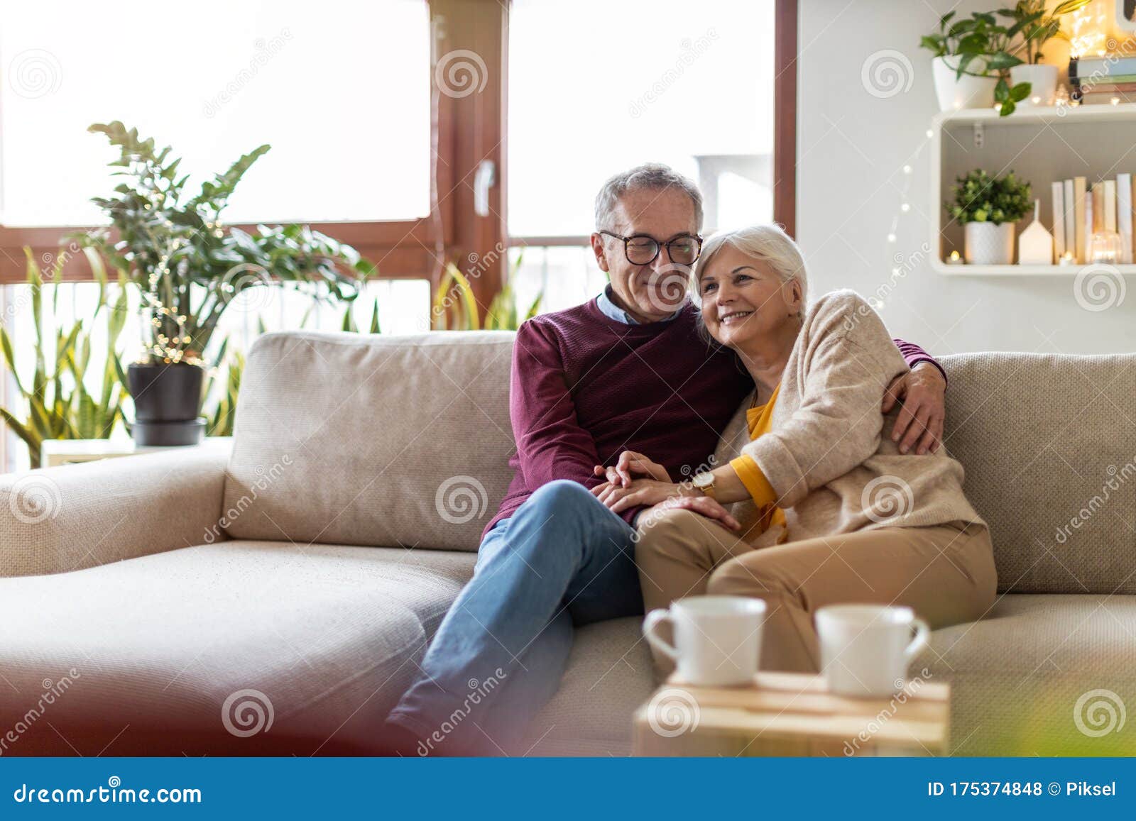 happy elderly couple relaxing together on the sofa at home