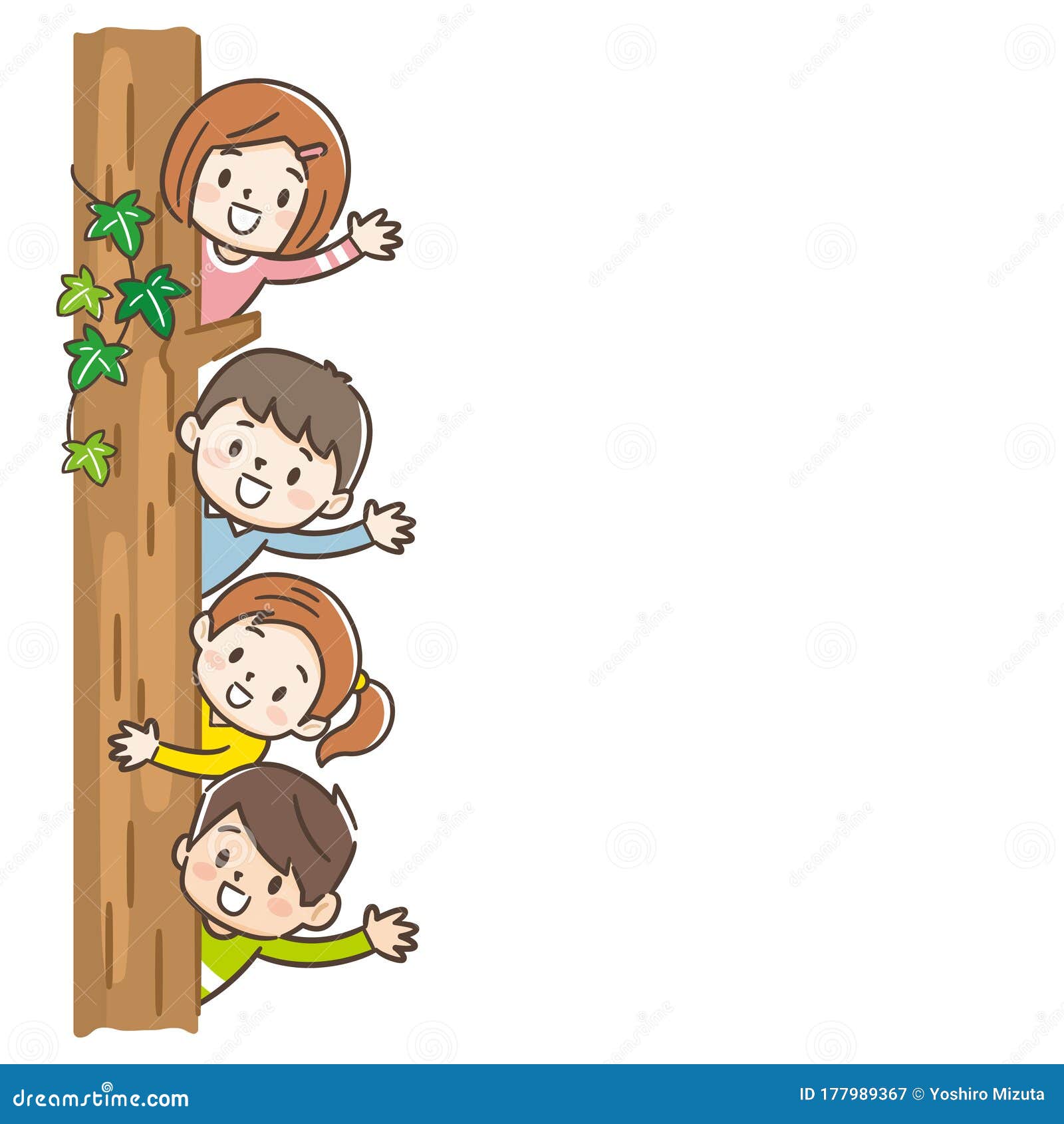 Kids Playing Hide And Seek Concealing Behind Tree And Bush Vector