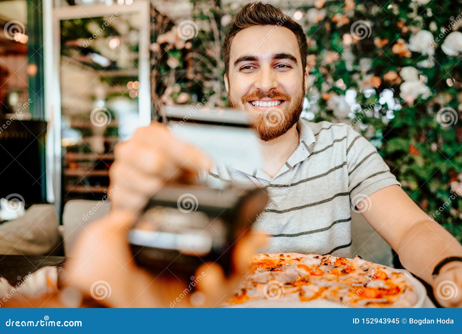 Portrait Of Happy Man Paying Lunch With Credit Card, Close Up Details Stock Image - Image of ...