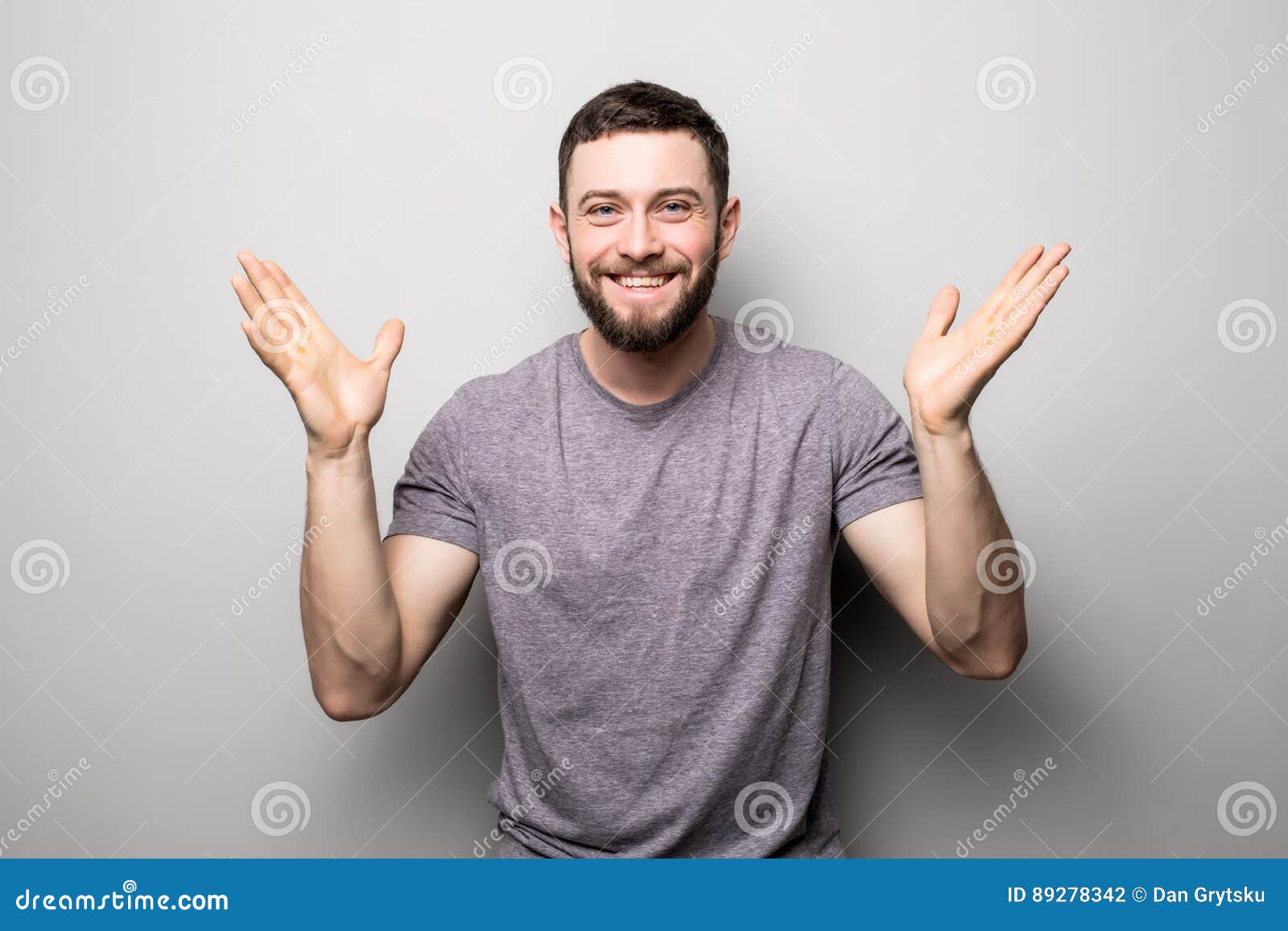 Portrait of Happy Man Rise Up Hands and Successful Achievement of Goals