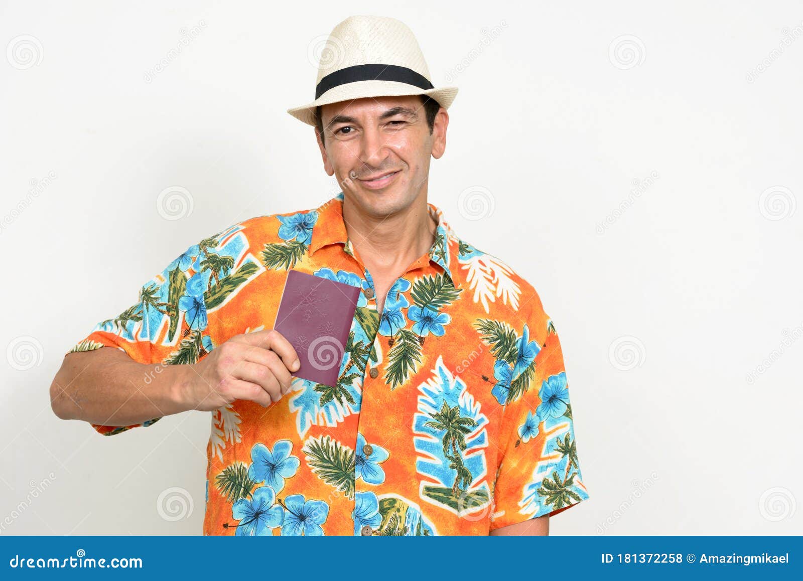 Portrait of Happy Mature Tourist Man Showing Passport Stock Photo ...