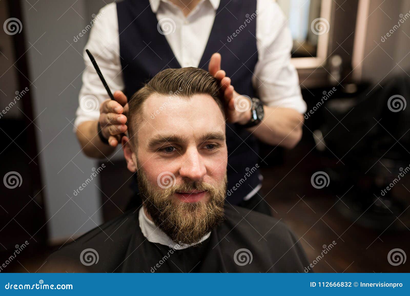 Happy Man Having Hair Cut at Barber Salon Stock Photo - Image of ...