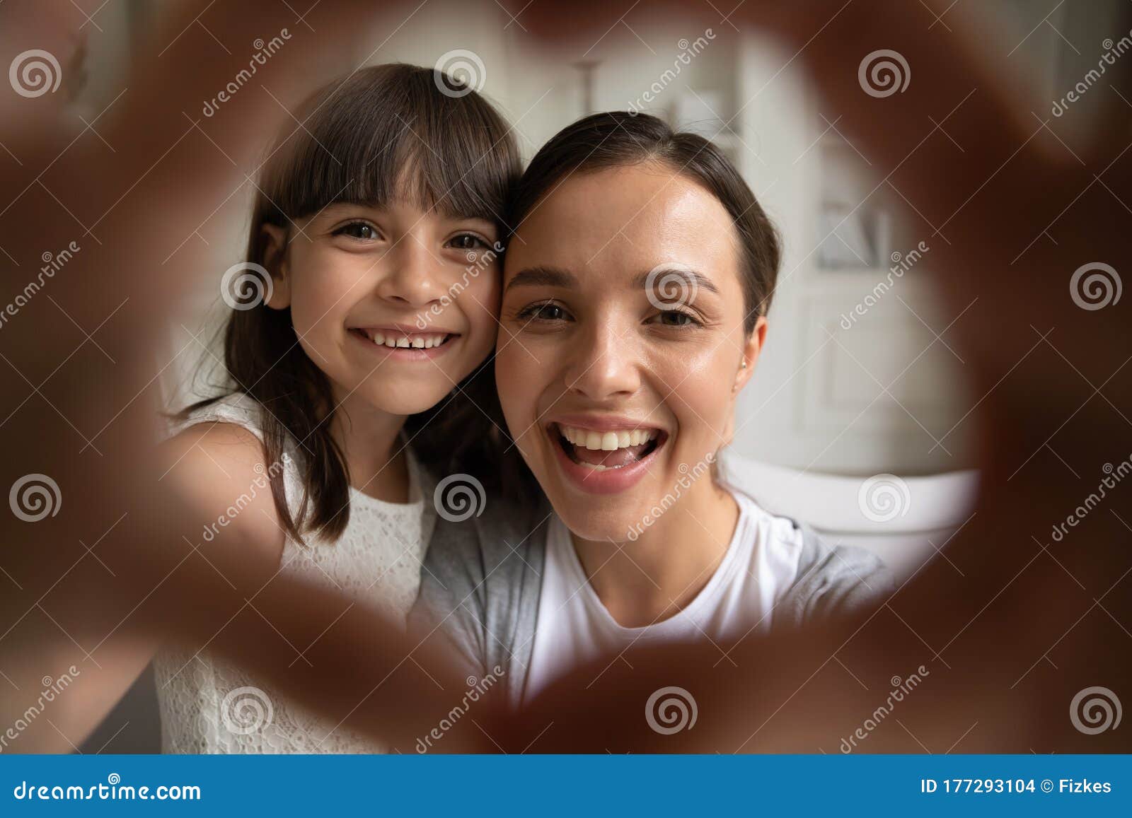 Portrait Of Happy Mom And Small Daughter Make Selfie Together Stock 