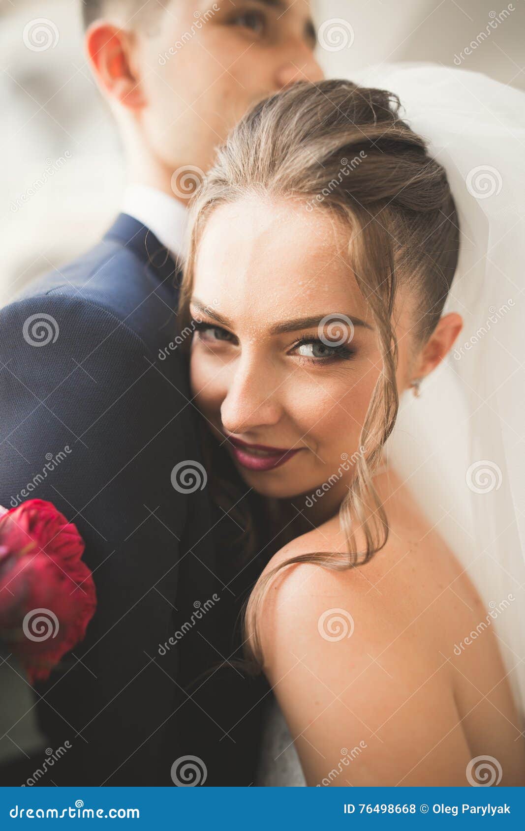 Portrait Of Happy Newly Wedding Couple With Bouquet Stock Photo Image