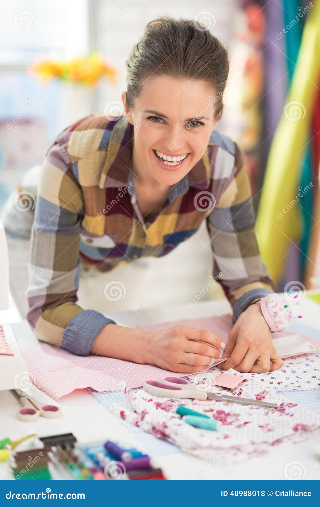 Portrait of Happy Seamstress Working in Studio Stock Photo Image of