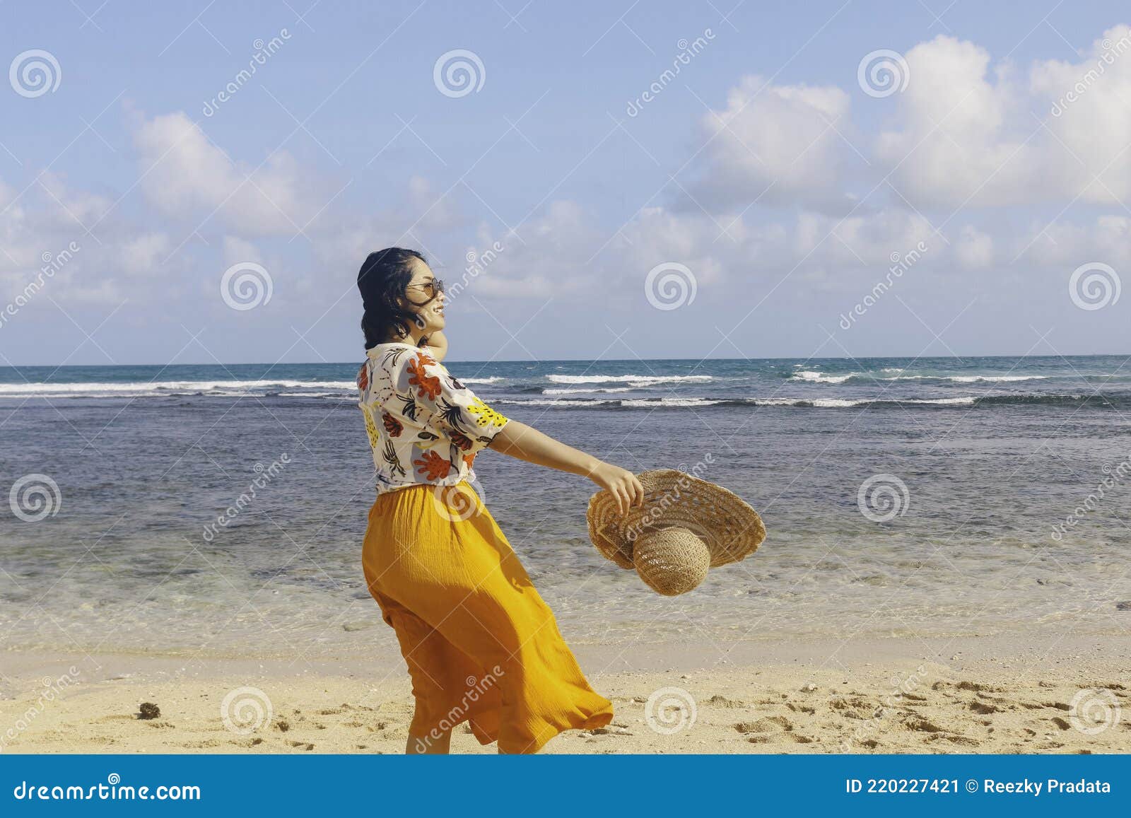 Portrait of Happy Smiling Asian Woman on the Beach Wear Hat Stock Image ...