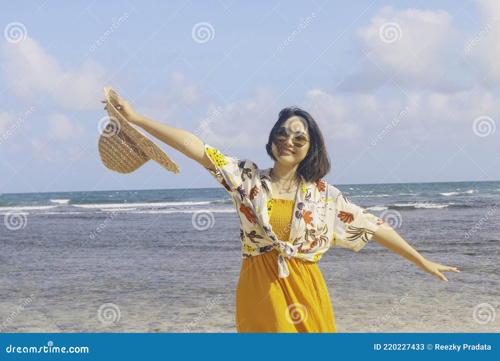 Portrait of Happy Smiling Asian Woman on the Beach Wear Hat Stock Image ...