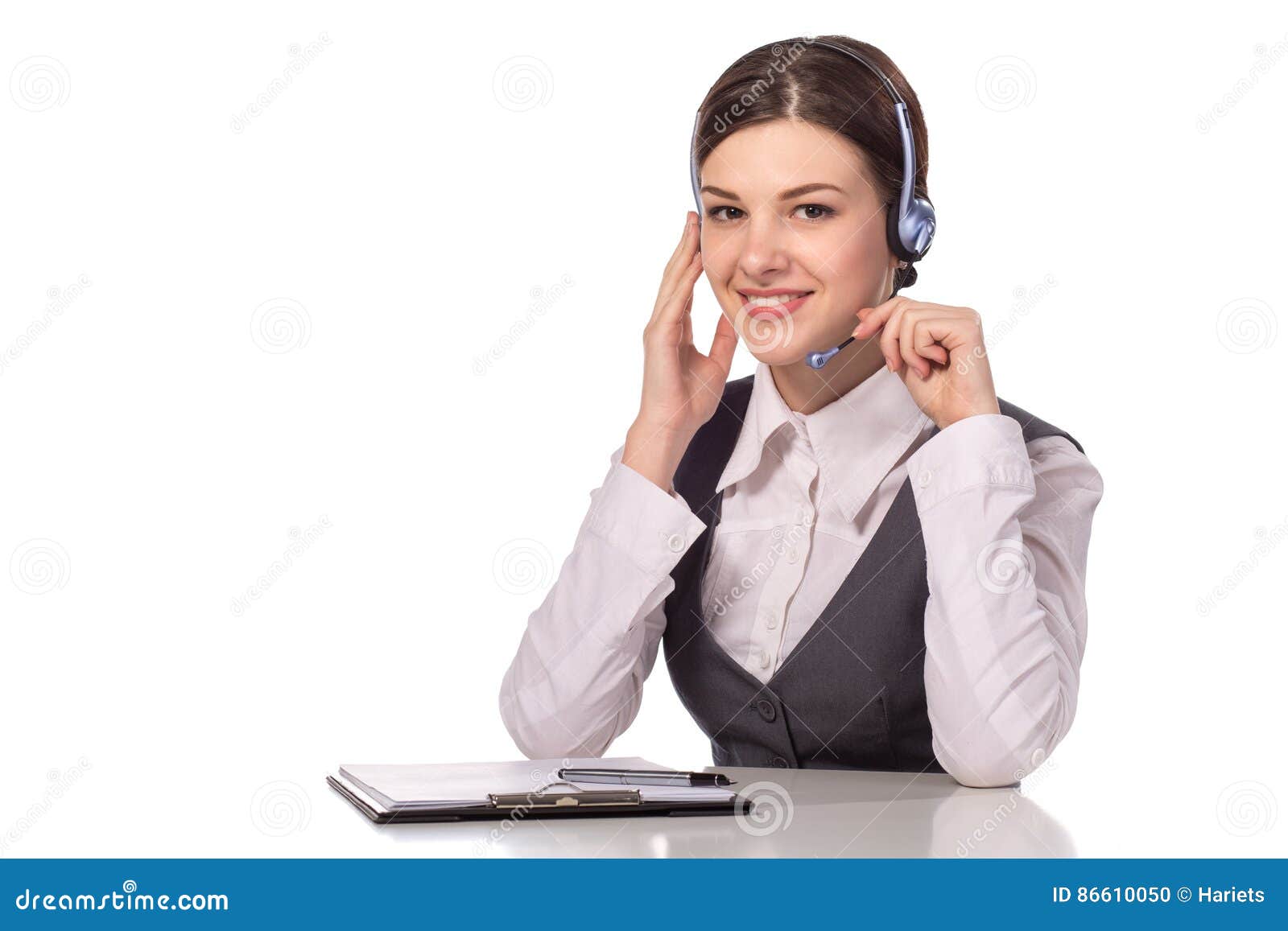 Portrait of happy smiling cheerful support phone operator in headset, isolated on white background