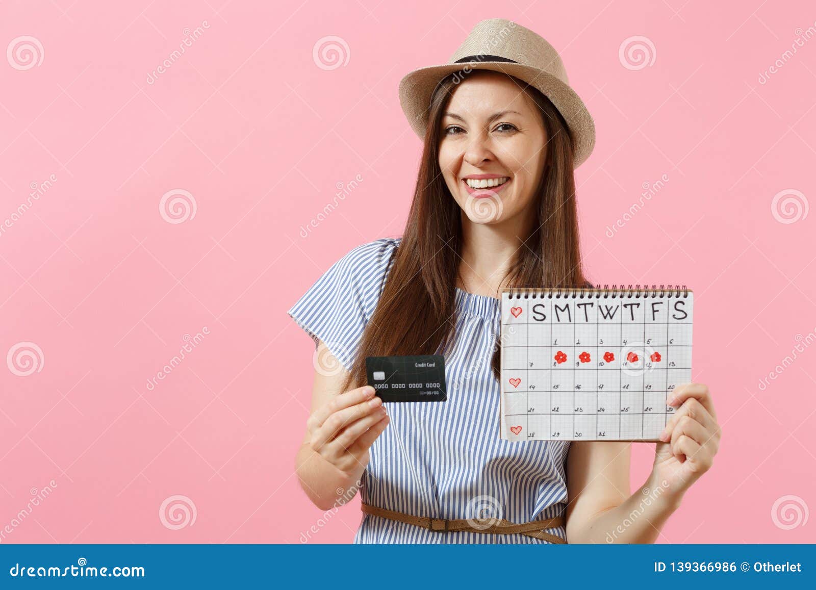 Portrait Of Happy Woman In Blue Dress Hat Holding Credit Card Periods