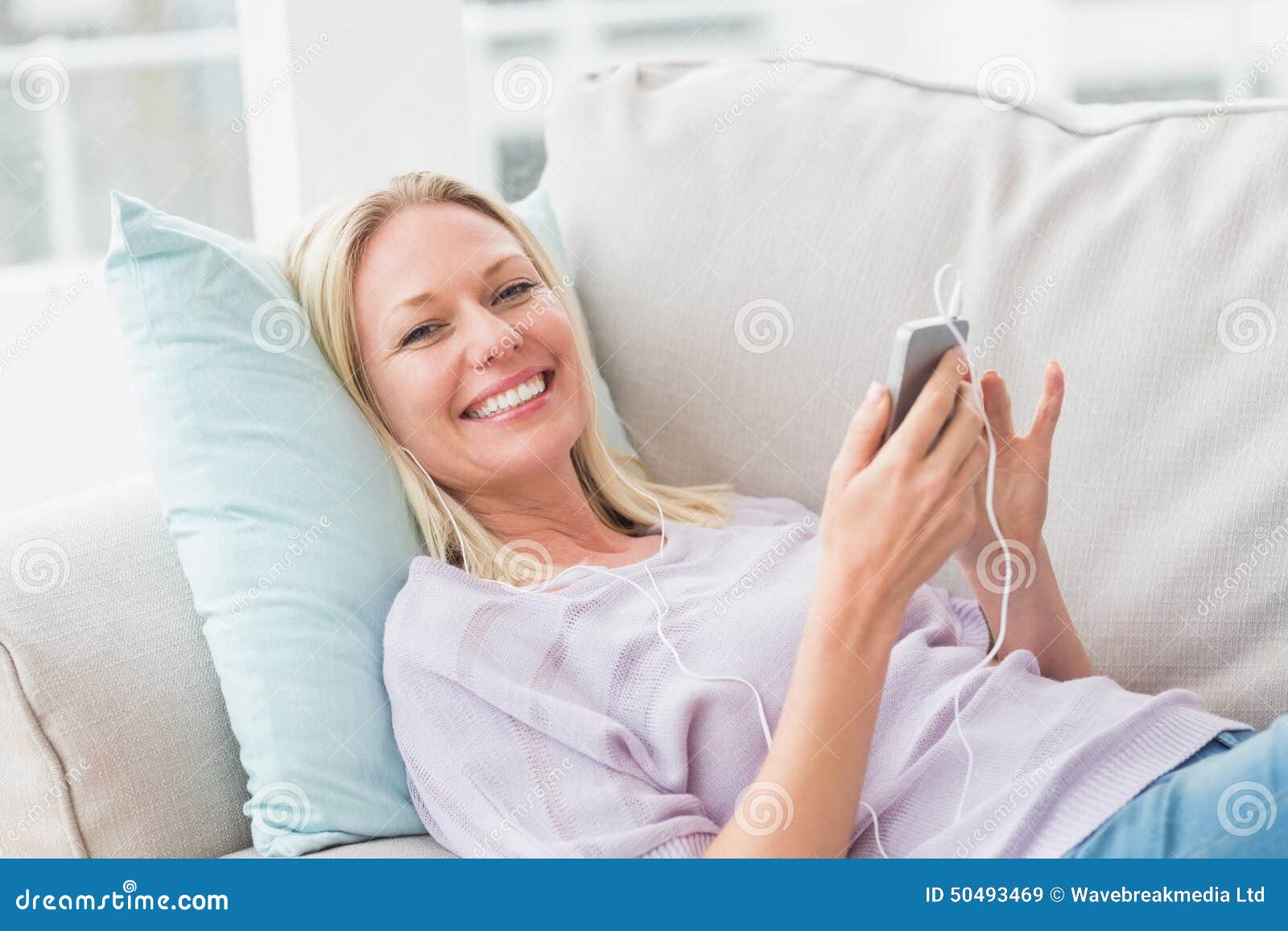 Portrait of Happy Woman Listening Music at Home Stock Image - Image of ...