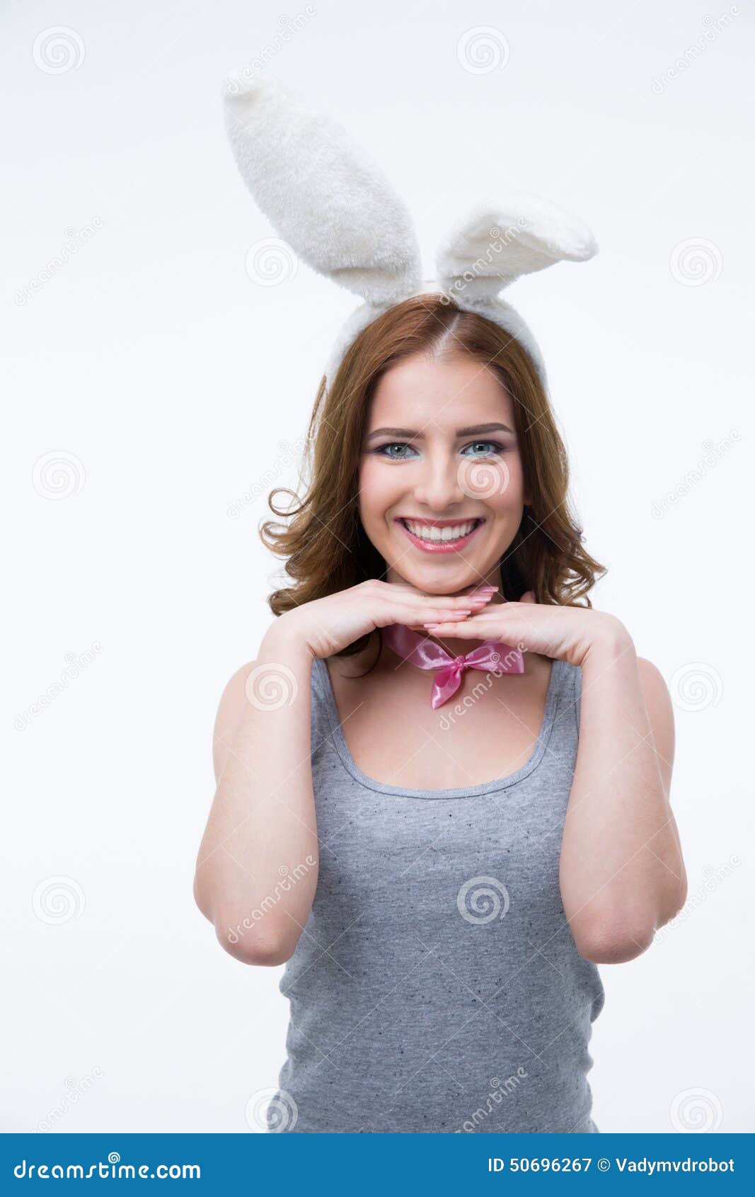 Portrait of a Happy Woman in Rabbit Ears Stock Image Image of gray
