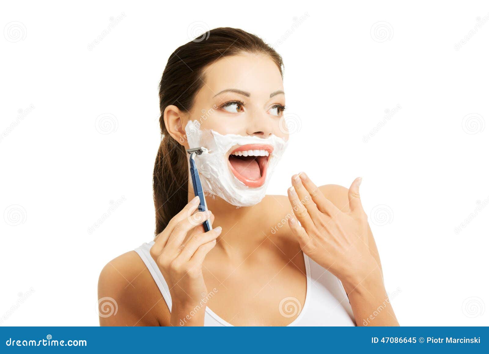 Portrait of Happy Woman Shaving Beard Stock Image Image of depilation