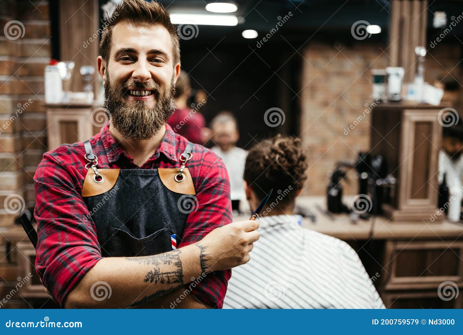 Portrait of Happy Young Barber with Client at Barbershop and Smiling ...