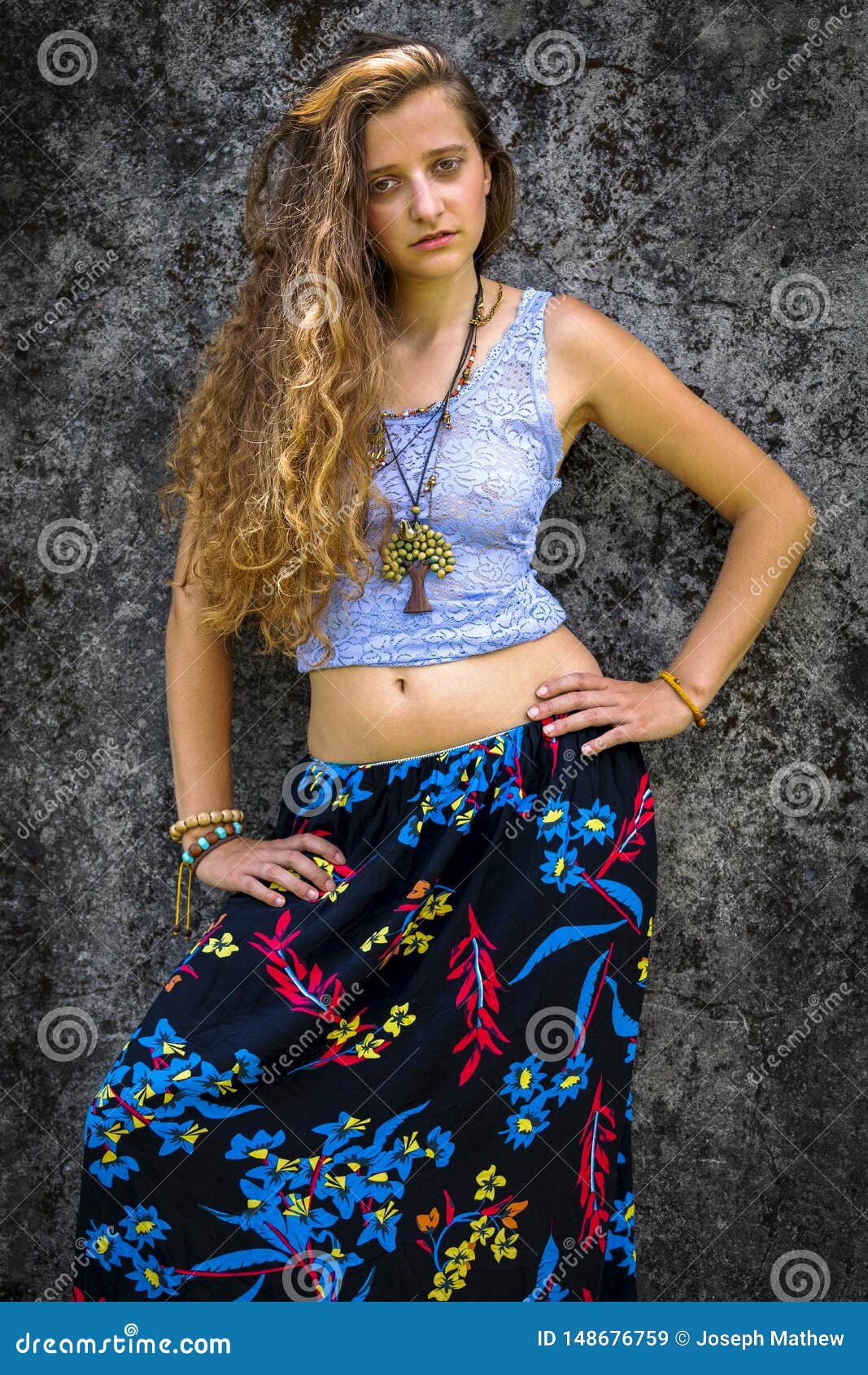 Portrait of a Happy Young Girl and Dressed Floral Maxi Skirt with Top ...