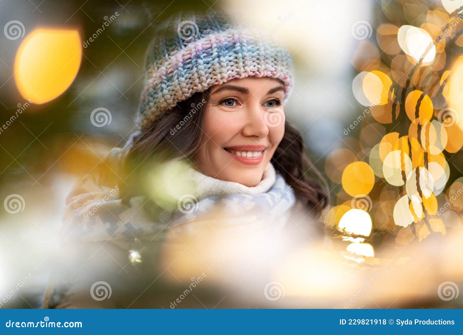 Portrait of Happy Young Woman in Christmas Lights Stock Photo - Image ...