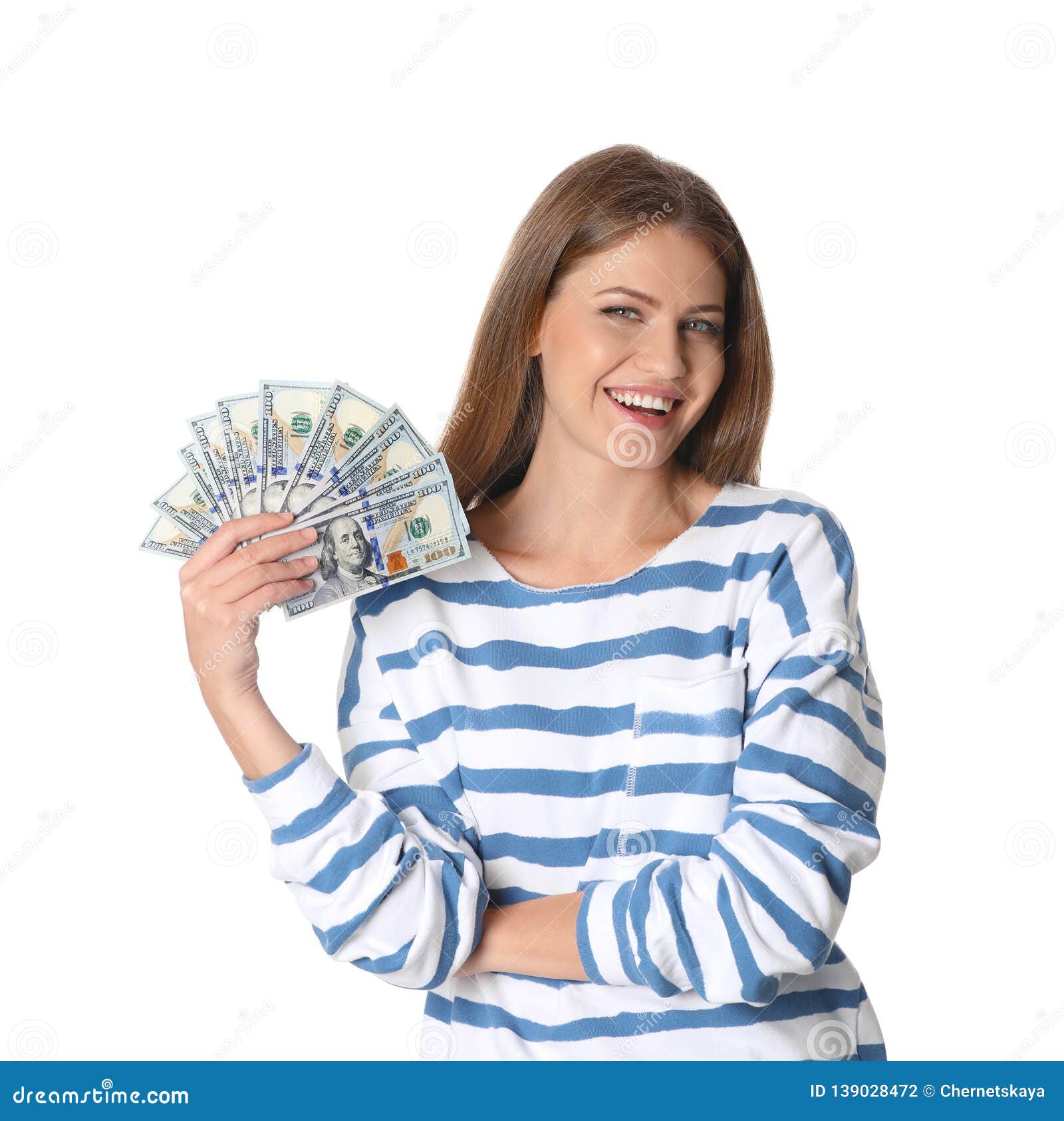 Portrait Of Happy Young Woman With Money On White Stock Photo Image