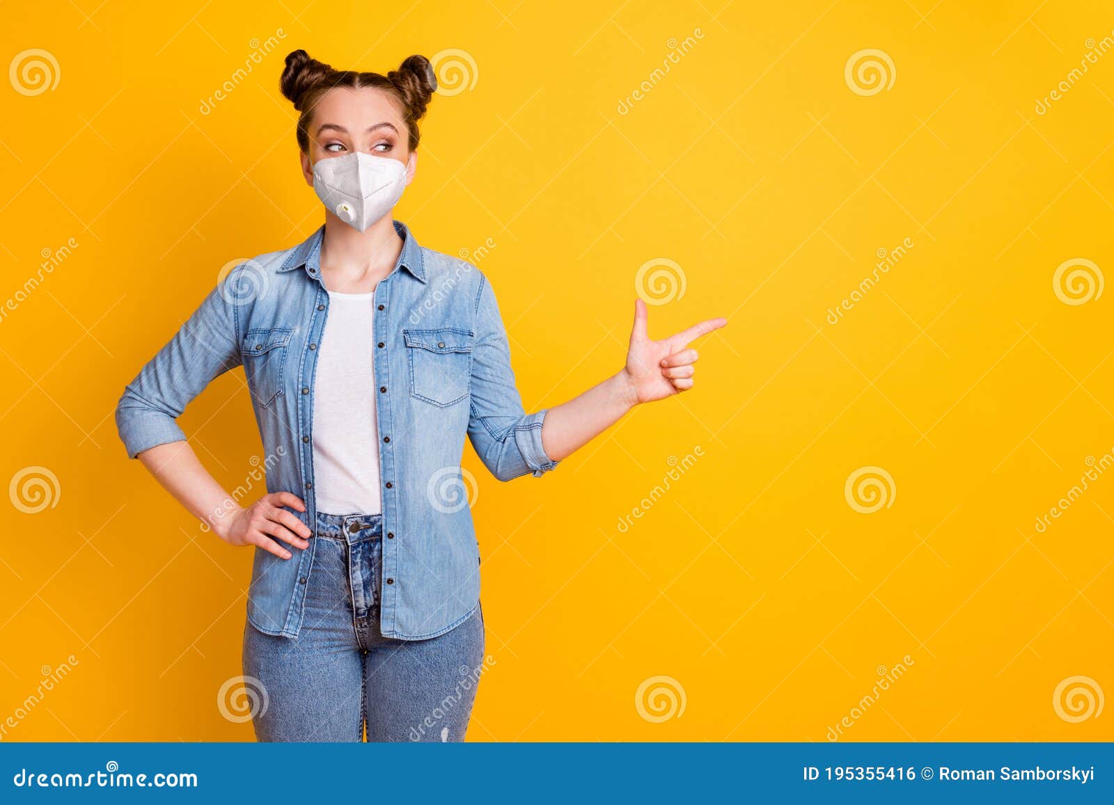 portrait of her she attractive healthy girl wearing safety respirator n95 mask demonstrating copy space pandemia