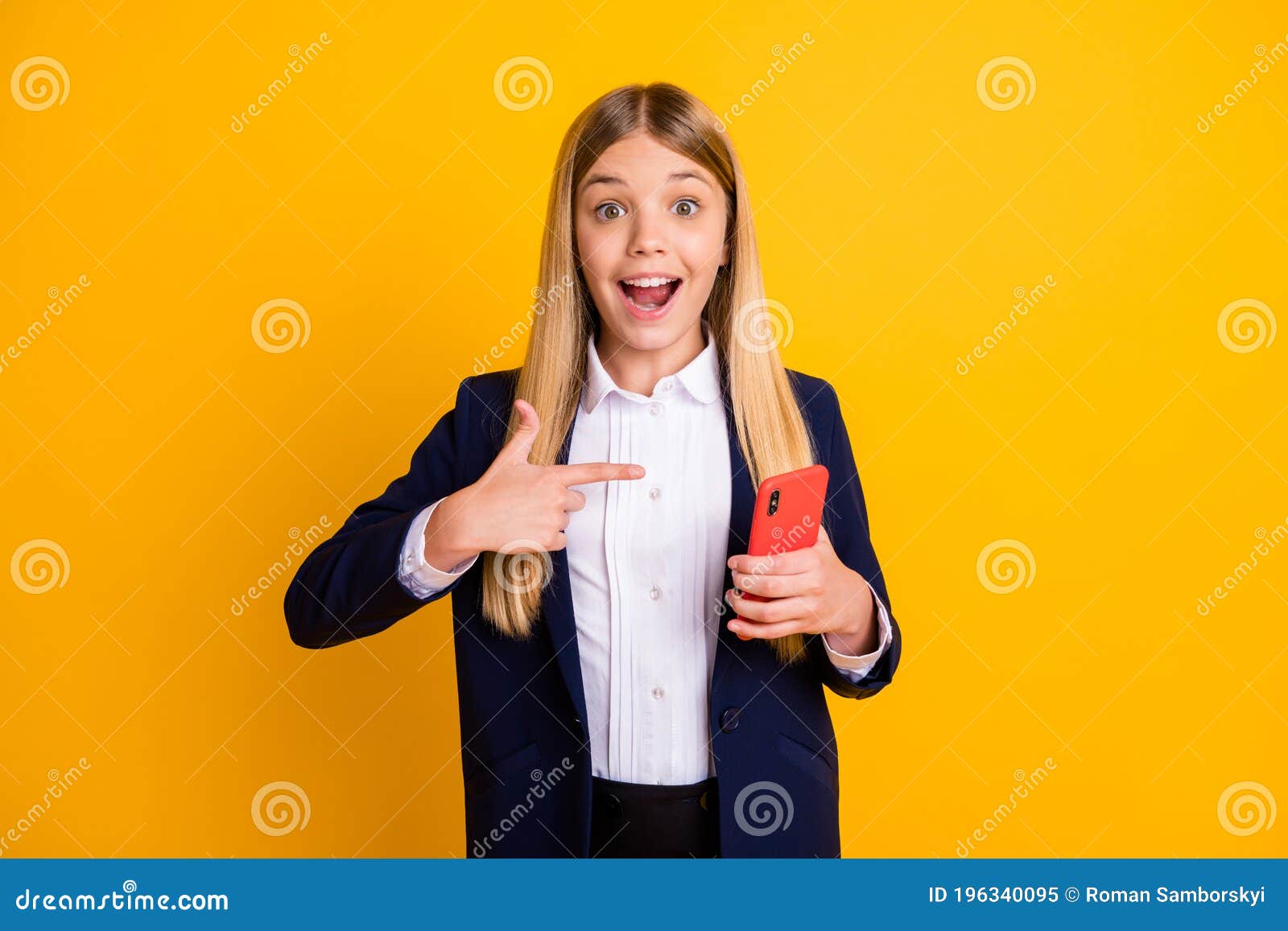 portrait of her she nice attractive pretty cheerful cheery long-haired girl using cell demonstrating new post