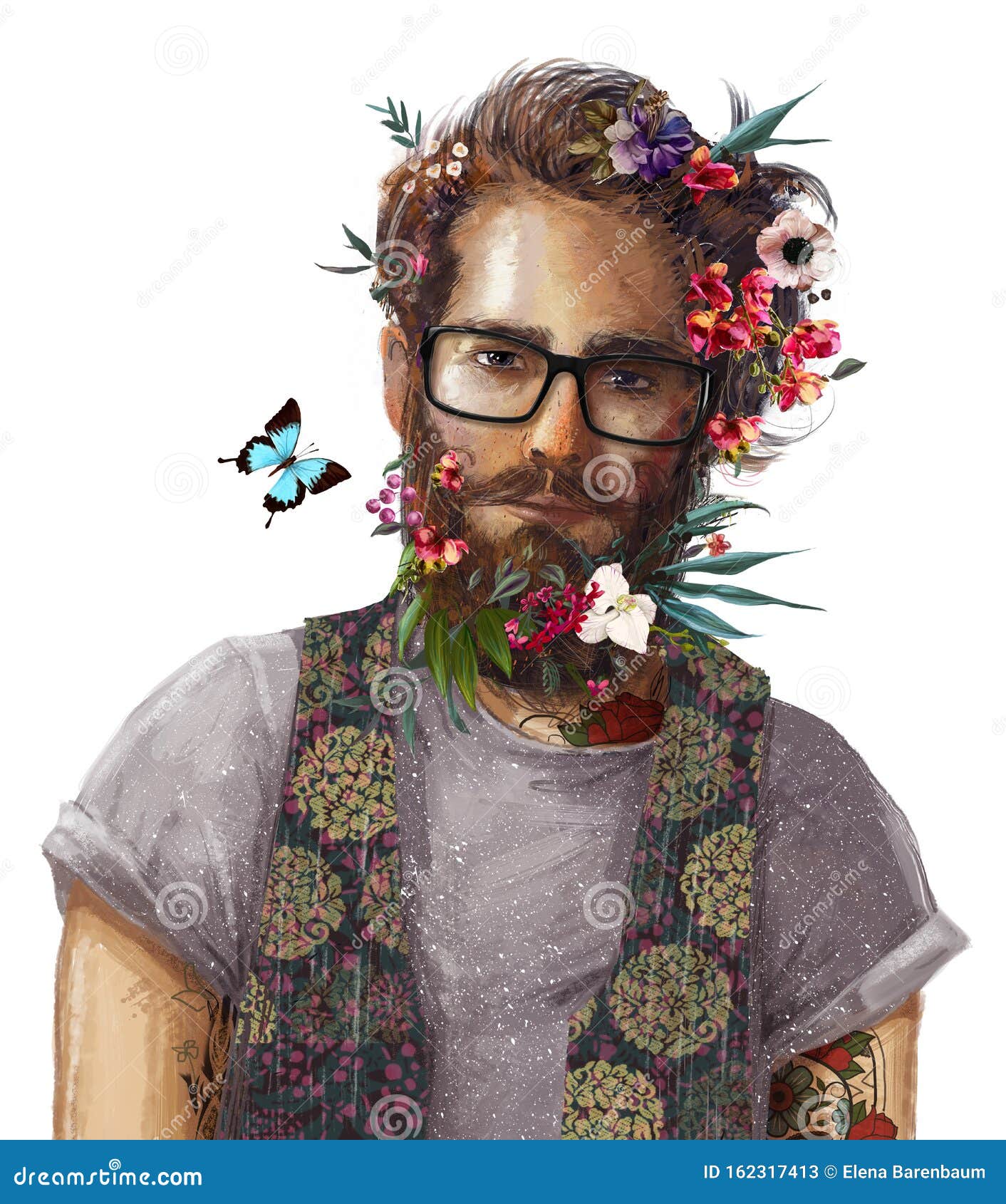 Portrait Of Hipster Men With Glasses And Flowers Stock
